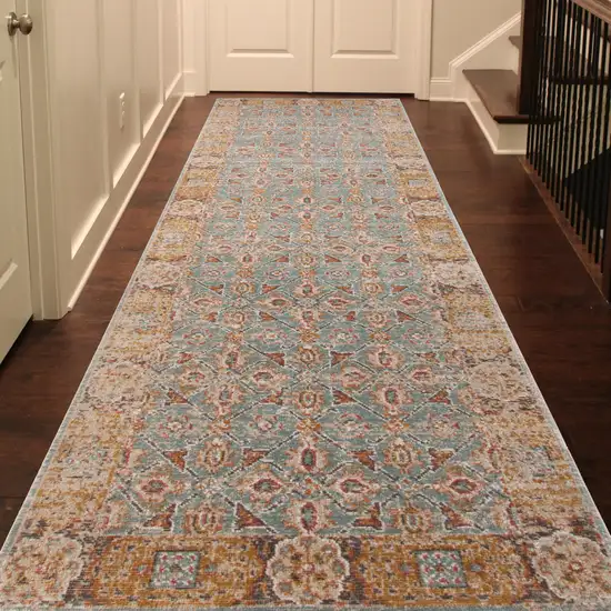 7' Teal Taupe and Rust Floral Power Loom Runner Rug Photo 9