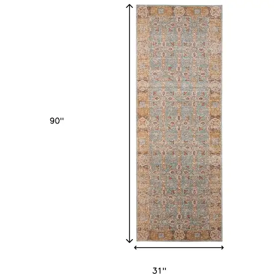 7' Teal Taupe and Rust Floral Power Loom Runner Rug Photo 3