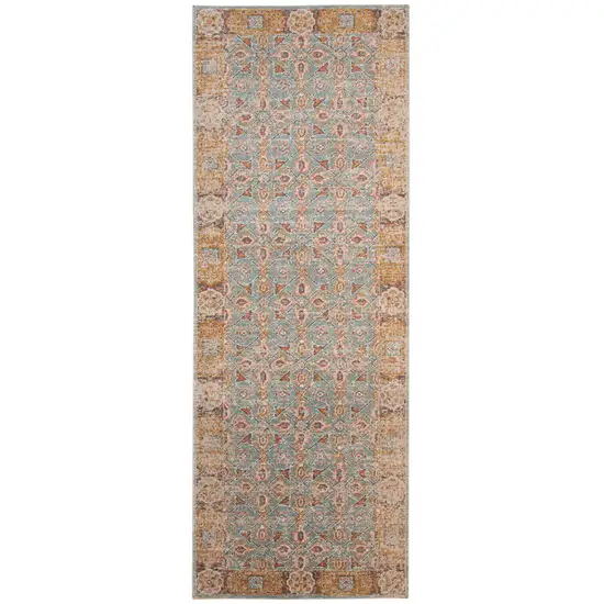 7' Teal Taupe and Rust Floral Power Loom Runner Rug Photo 7