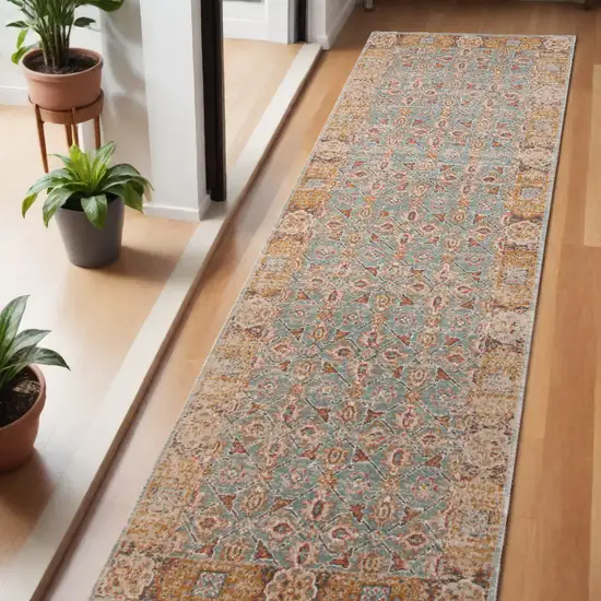 7' Teal Taupe and Rust Floral Power Loom Runner Rug Photo 1