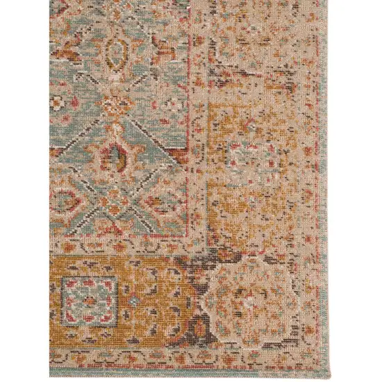 7' Teal Taupe and Rust Floral Power Loom Runner Rug Photo 4