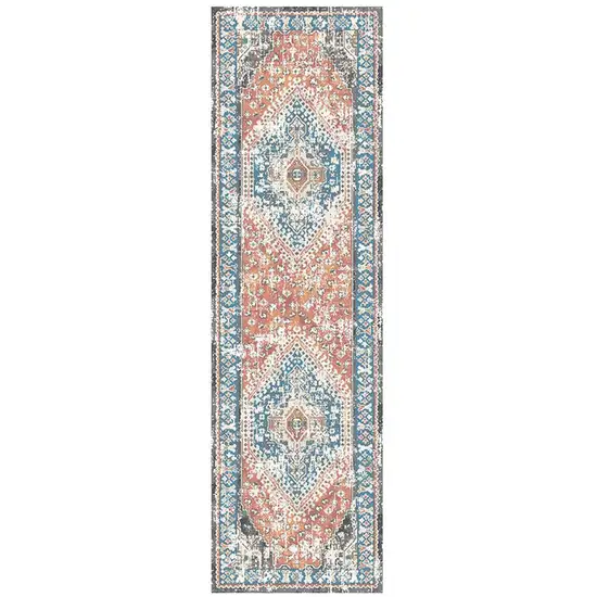 8' Teal Taupe and Rust Geometric Distressed Runner Rug With Fringe Photo 2