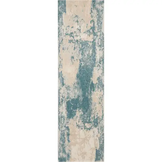 8' Teal and Ivory Abstract Non Skid Runner Rug Photo 2