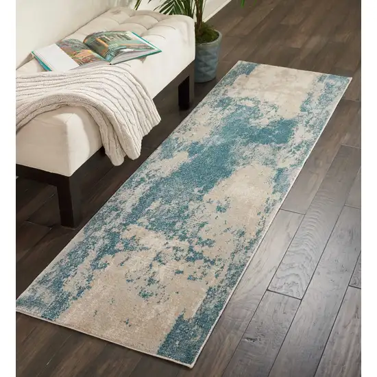 8' Teal and Ivory Abstract Non Skid Runner Rug Photo 6