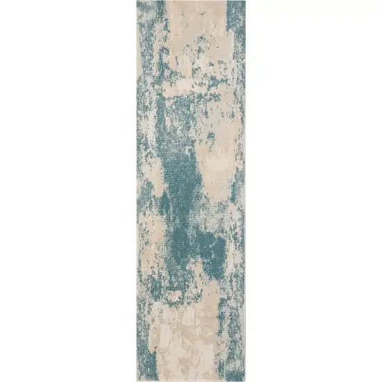 8' Teal and Ivory Abstract Non Skid Runner Rug Photo 5