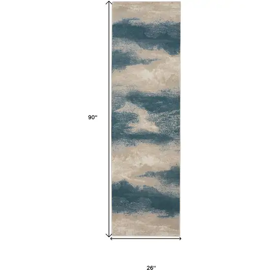 8' Teal and Ivory Abstract Non Skid Runner Rug Photo 3