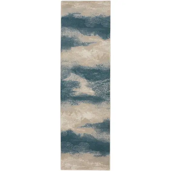 8' Teal and Ivory Abstract Non Skid Runner Rug Photo 2