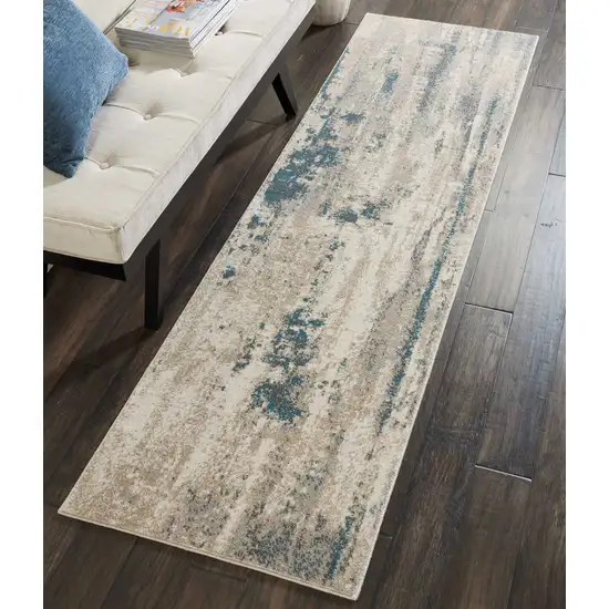 8' Teal and Ivory Abstract Non Skid Runner Rug Photo 8