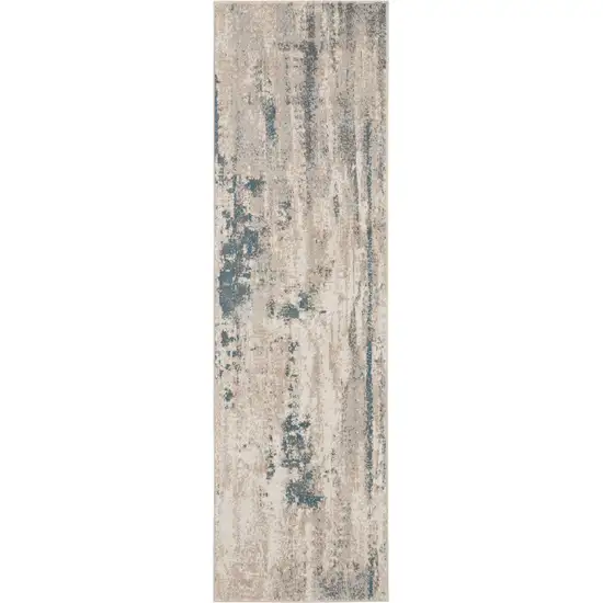 8' Teal and Ivory Abstract Non Skid Runner Rug Photo 2