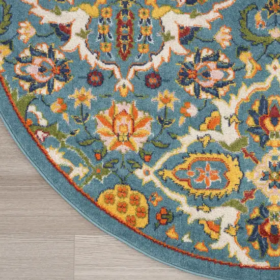 5' Teal and Ivory Round Floral Power Loom Area Rug Photo 4