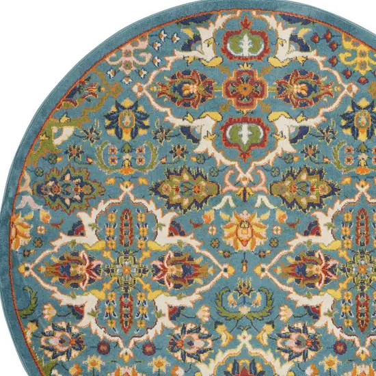 5' Teal and Ivory Round Floral Power Loom Area Rug Photo 8