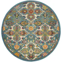 Photo of 5' Teal and Ivory Round Floral Power Loom Area Rug