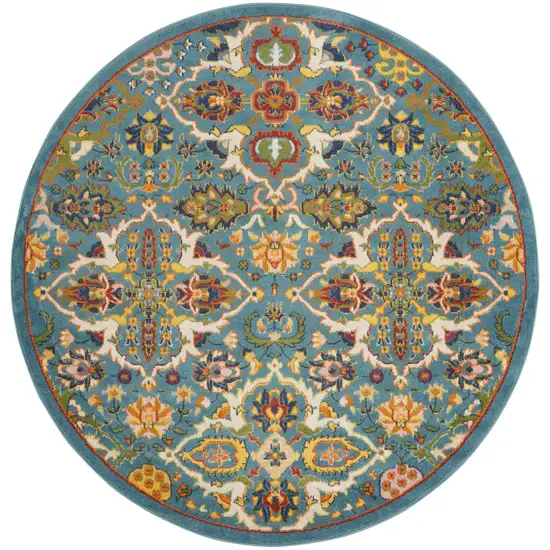 5' Teal and Ivory Round Floral Power Loom Area Rug Photo 2