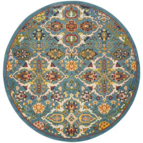 5' Teal and Ivory Round Floral Power Loom Area Rug Photo 9