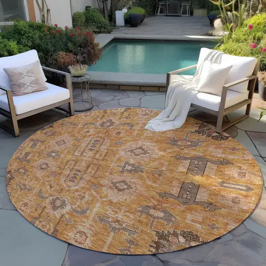 8' Terra Cotta Beige And Gray Round Oriental Washable Indoor Outdoor Area Rug Photo 7