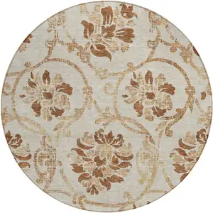 Photo of 8' Terra Cotta Copper And Beige Round Floral Washable Indoor Outdoor Area Rug