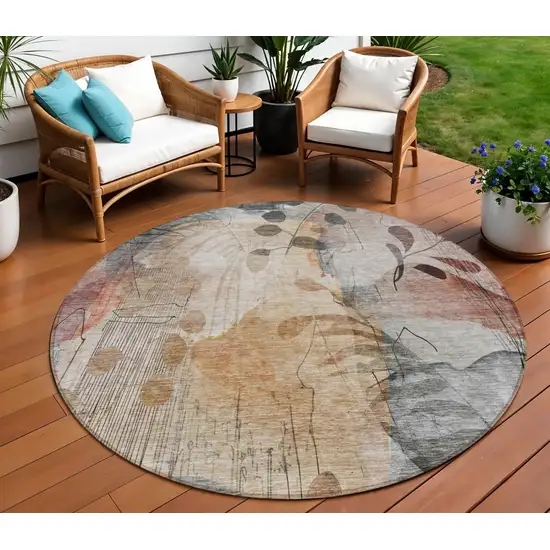 8' Terra Cotta Copper And Beige Round Floral Washable Indoor Outdoor Area Rug Photo 2