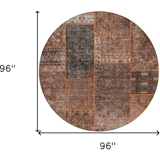 8' Terra Cotta Copper And Charcoal Round Patchwork Washable Indoor Outdoor Area Rug Photo 3