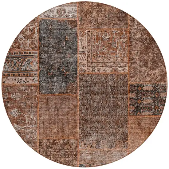 8' Terra Cotta Copper And Charcoal Round Patchwork Washable Indoor Outdoor Area Rug Photo 7