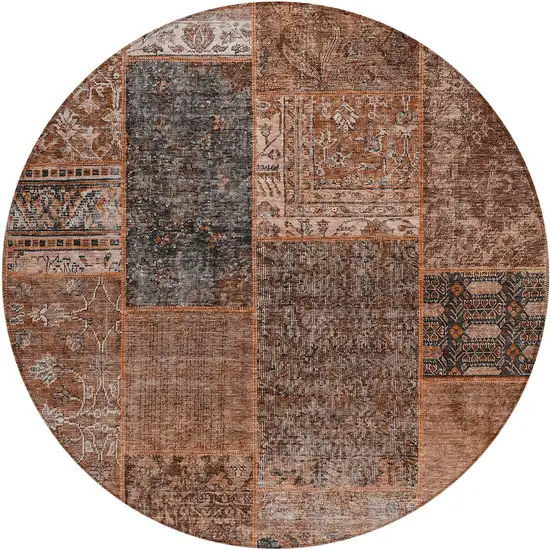 8' Terra Cotta Copper And Charcoal Round Patchwork Washable Indoor Outdoor Area Rug Photo 2