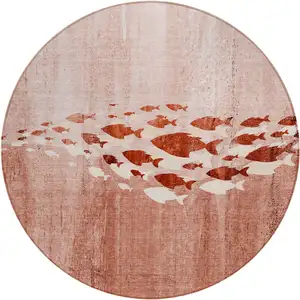 Photo of 8' Terra Cotta Copper And Ivory Round Nautical Washable Indoor Outdoor Area Rug