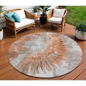 Photo of 8' Terra Cotta Copper And Taupe Round Abstract Washable Indoor Outdoor Area Rug