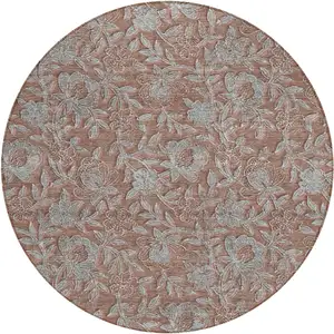 Photo of 8' Terra Cotta Copper And Taupe Round Floral Washable Indoor Outdoor Area Rug