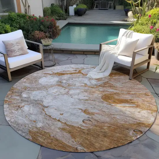 8' Terra Cotta Gray And Silver Round Abstract Washable Indoor Outdoor Area Rug Photo 7