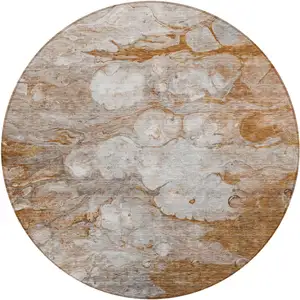 Photo of 8' Terra Cotta Gray And Silver Round Abstract Washable Indoor Outdoor Area Rug