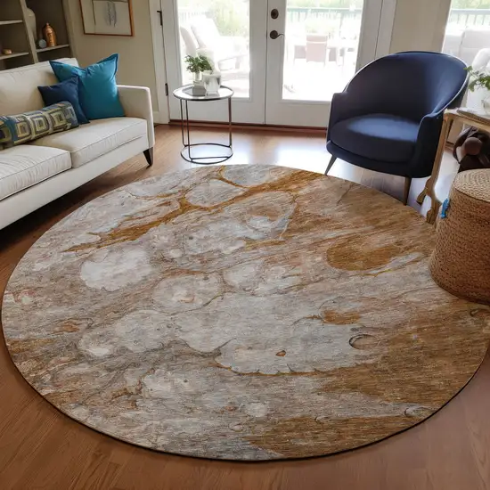 8' Terra Cotta Gray And Silver Round Abstract Washable Indoor Outdoor Area Rug Photo 8