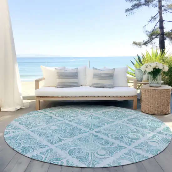 8' Turquoise And Teal Blue Round Medallion Washable Indoor Outdoor Area Rug Photo 6