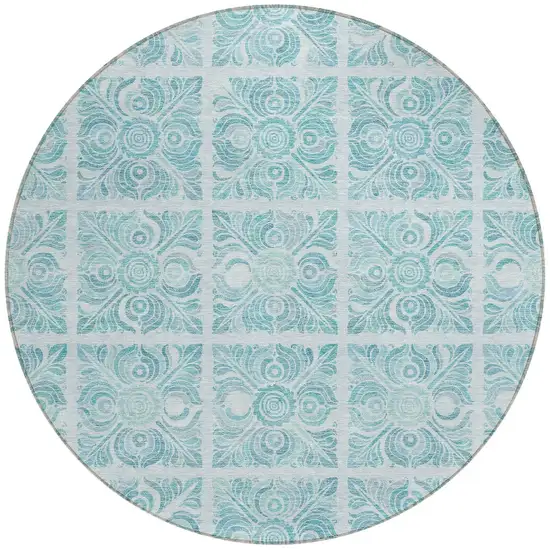 8' Turquoise And Teal Blue Round Medallion Washable Indoor Outdoor Area Rug Photo 5