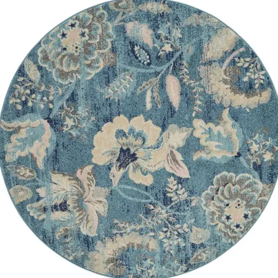 5' Turquoise Cream and Navy Blue Floral Distressed Round Rug Photo 8