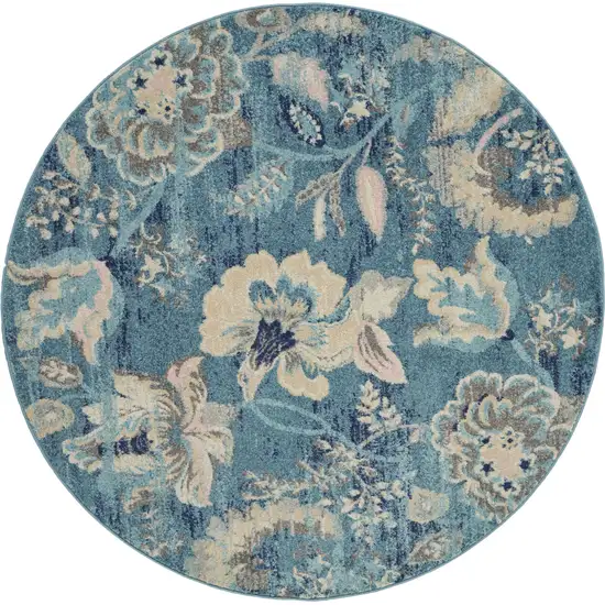 5' Turquoise Cream and Navy Blue Floral Distressed Round Rug Photo 2