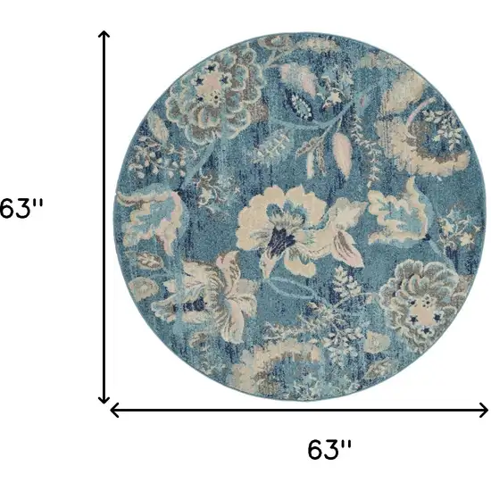 5' Turquoise Cream and Navy Blue Floral Distressed Round Rug Photo 3