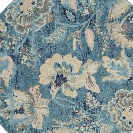 5' Turquoise Cream and Navy Blue Floral Distressed Round Rug Photo 7