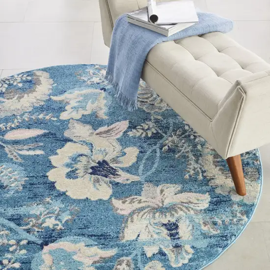 5' Turquoise Cream and Navy Blue Floral Distressed Round Rug Photo 9