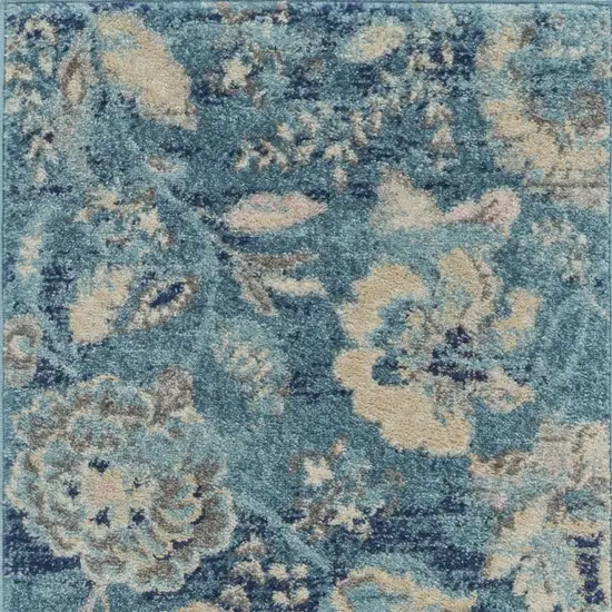 7' Turquoise Cream and Navy Blue Floral Distressed Runner Rug Photo 8