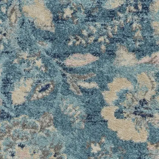 7' Turquoise Cream and Navy Blue Floral Distressed Runner Rug Photo 7