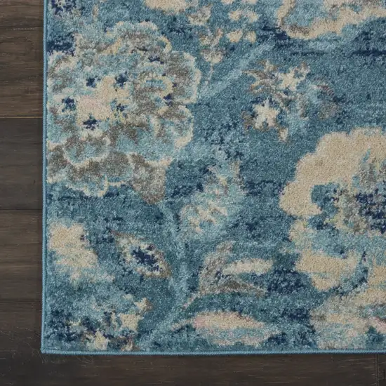 7' Turquoise Cream and Navy Blue Floral Distressed Runner Rug Photo 4