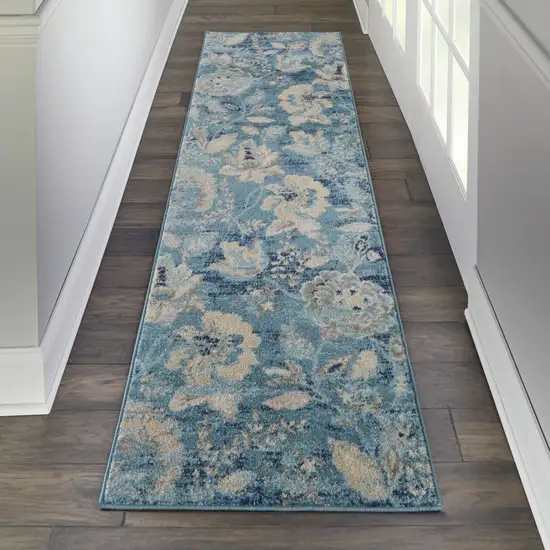 7' Turquoise Cream and Navy Blue Floral Distressed Runner Rug Photo 9