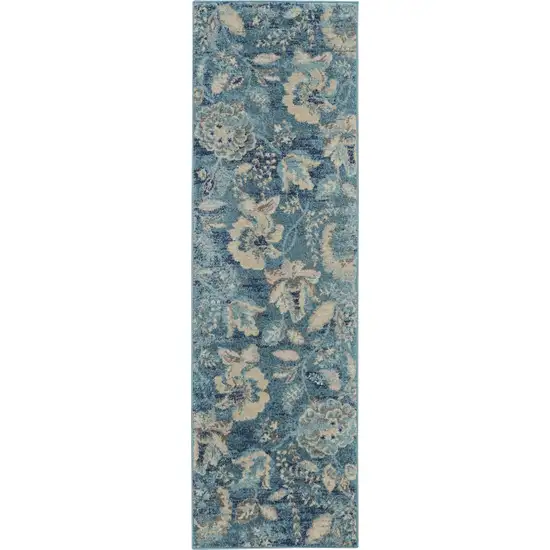 7' Turquoise Cream and Navy Blue Floral Distressed Runner Rug Photo 2