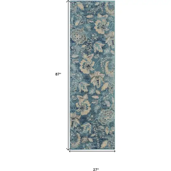 7' Turquoise Cream and Navy Blue Floral Distressed Runner Rug Photo 3