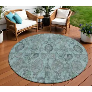 Photo of 8' Turquoise Gray And Charcoal Round Damask Washable Indoor Outdoor Area Rug