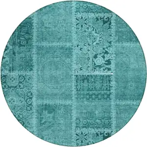 Photo of 8' Turquoise Teal Blue And Aqua Round Patchwork Washable Indoor Outdoor Area Rug