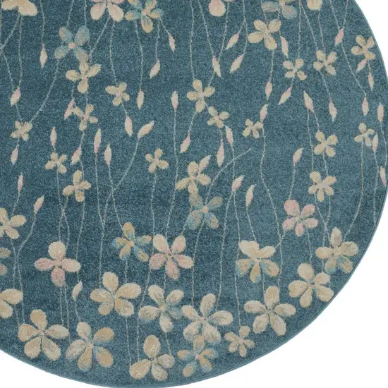 5' Turquoise and Cream Botanical Leaves Round Rug Photo 7