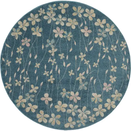 5' Turquoise and Cream Botanical Leaves Round Rug Photo 2