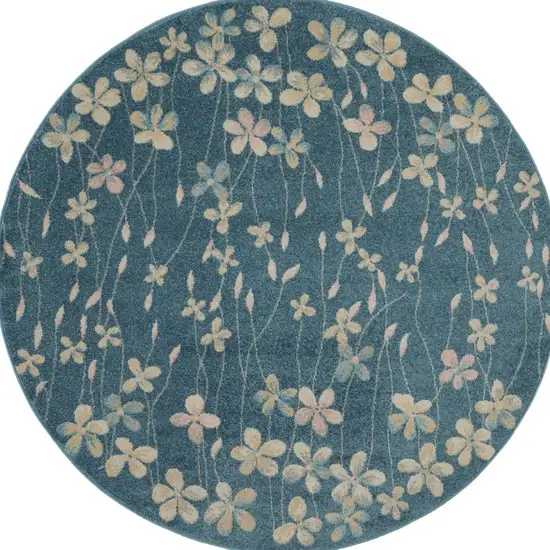 5' Turquoise and Cream Botanical Leaves Round Rug Photo 8