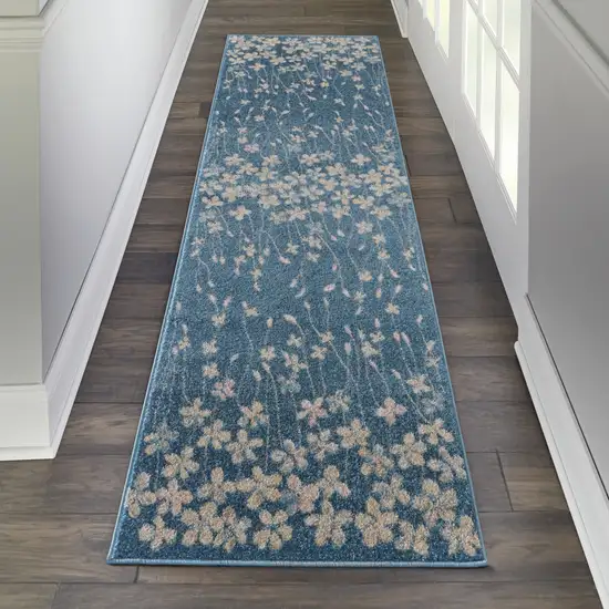 7' Turquoise and Cream Botanical Leaves Runner Rug Photo 8