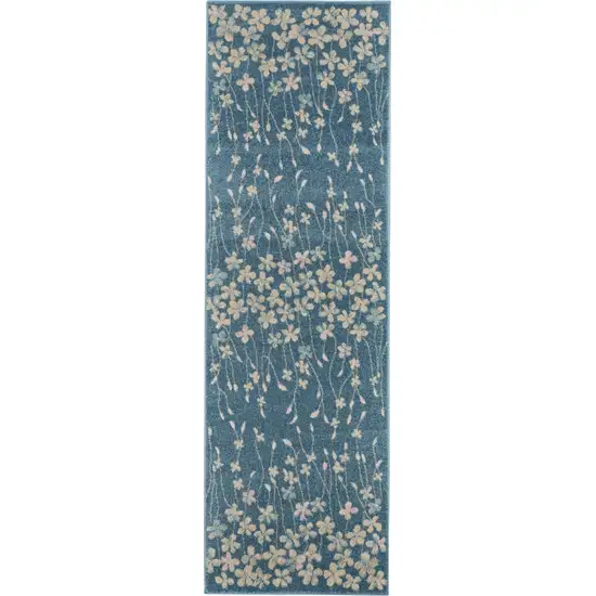 7' Turquoise and Cream Botanical Leaves Runner Rug Photo 2